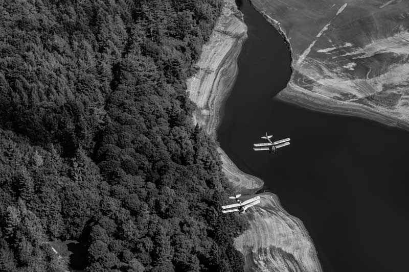 formation-over-derwent-mono Tiger Moth aircraft formation flying over Derwent Reservoir